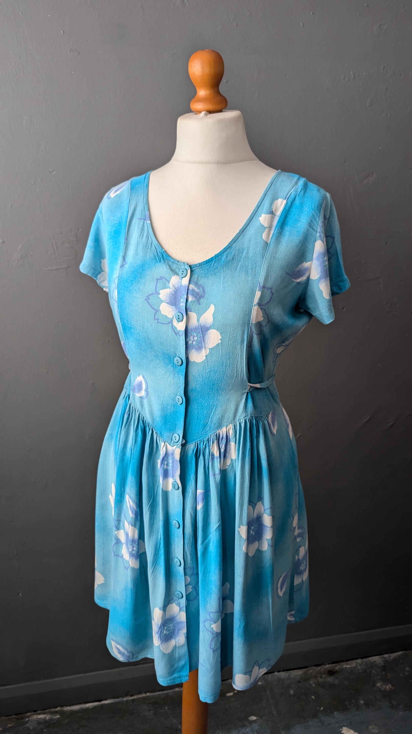 90s Sky Blue Sundress with White Flower Print, Vintage Summer Viscose Dress, Size Medium
