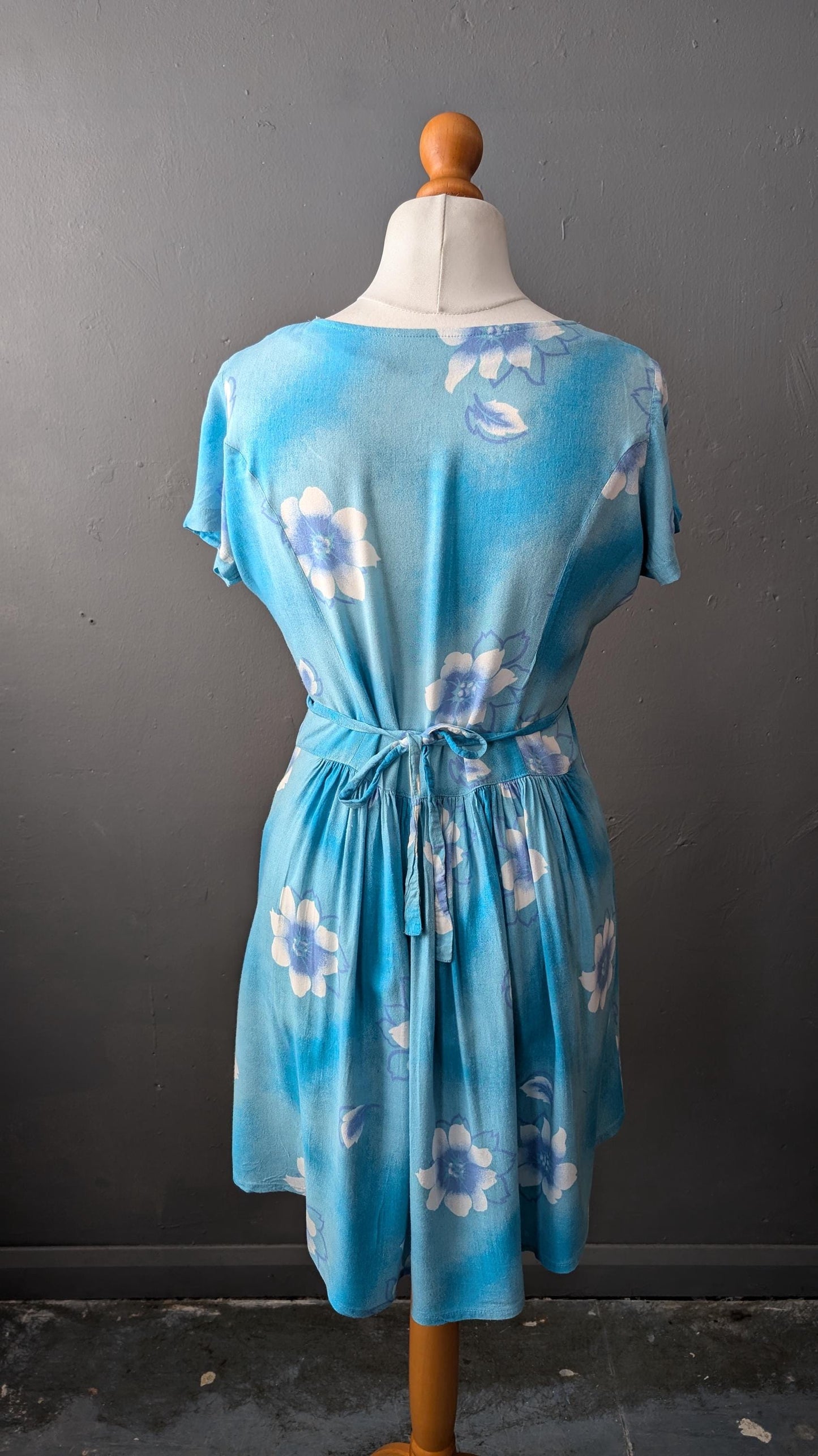 90s Sky Blue Sundress with White Flower Print, Vintage Summer Viscose Dress, Size Medium