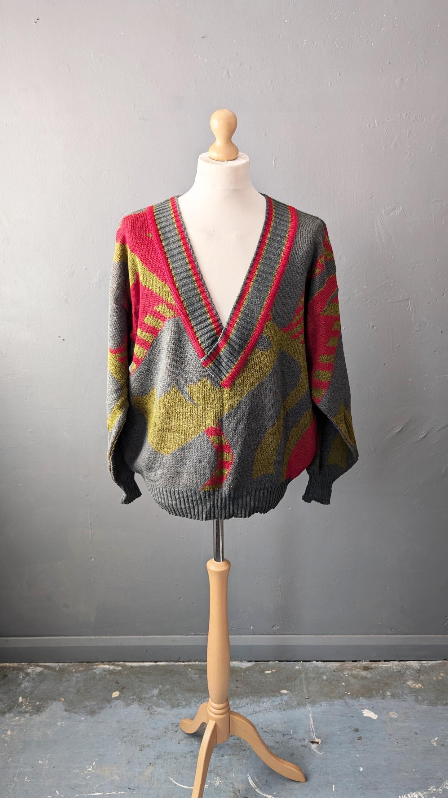 Vintage 80s Wool Alpaca Knit Pullover, Deep V Neck, XL 46 48 50 Chest