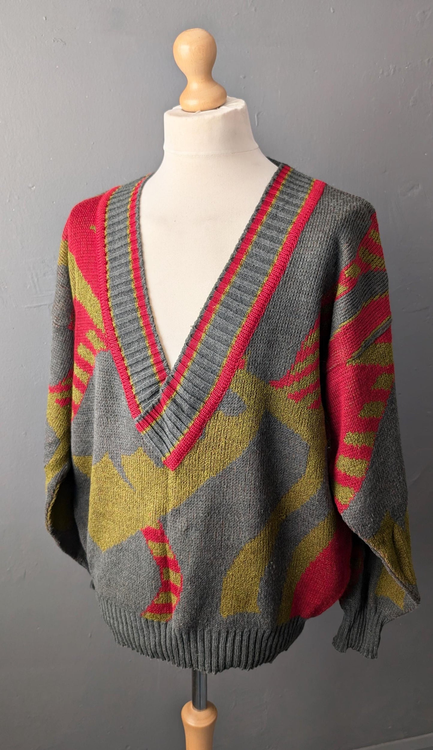 Vintage 80s Wool Alpaca Knit Pullover, Deep V Neck, XL 46 48 50 Chest