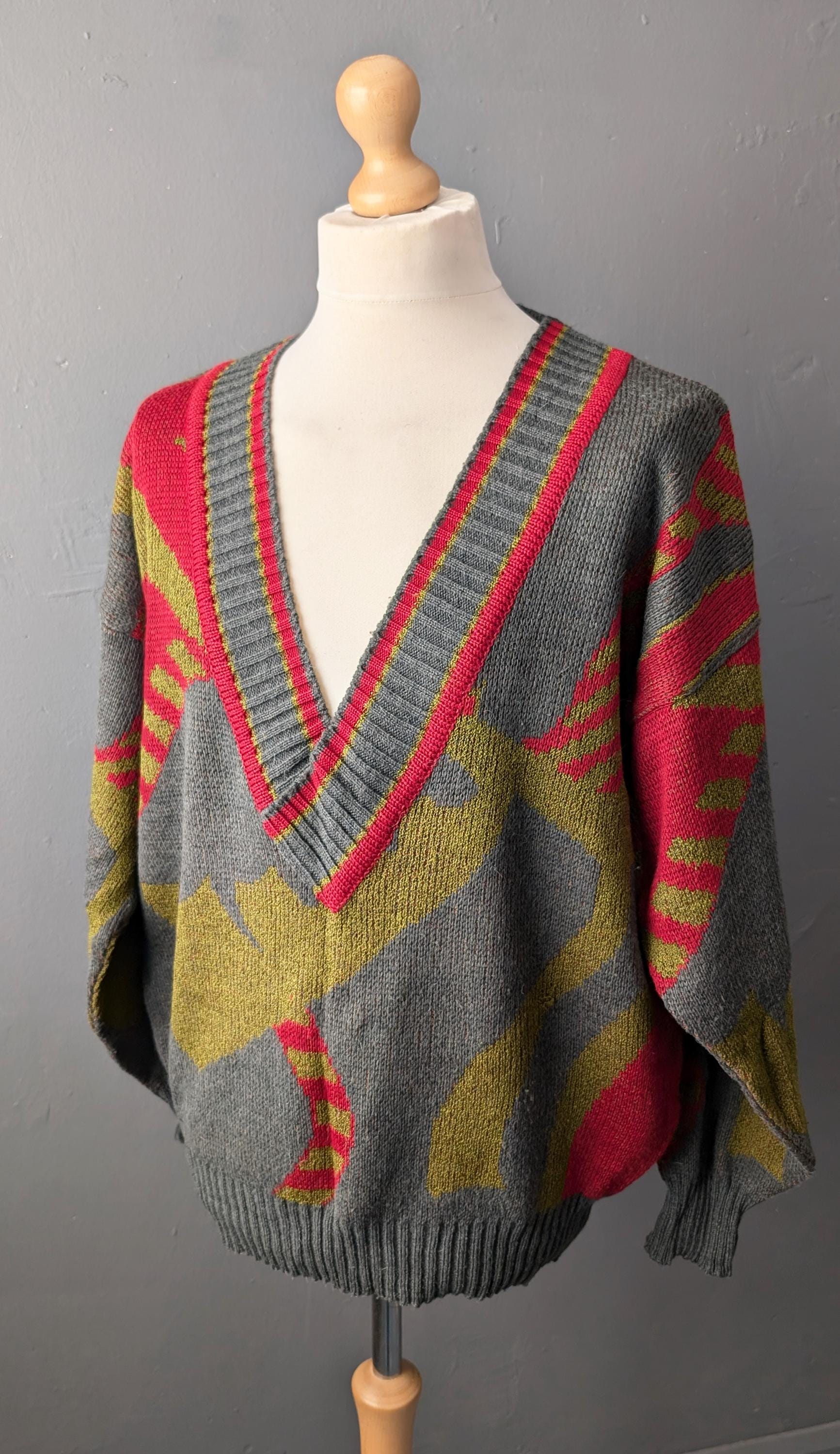 Vintage 80s Wool Alpaca Knit Pullover, Deep V Neck, XL 46 48 50 Chest