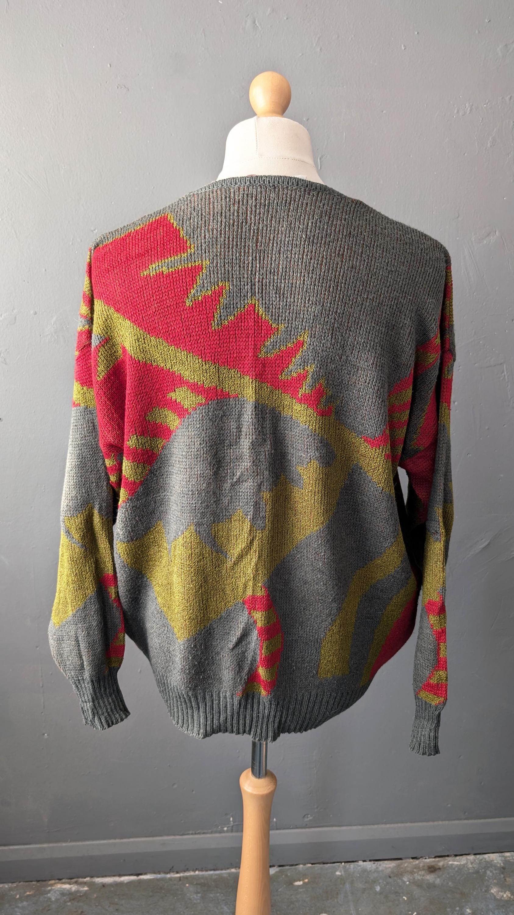 Vintage 80s Wool Alpaca Knit Pullover, Deep V Neck, XL 46 48 50 Chest