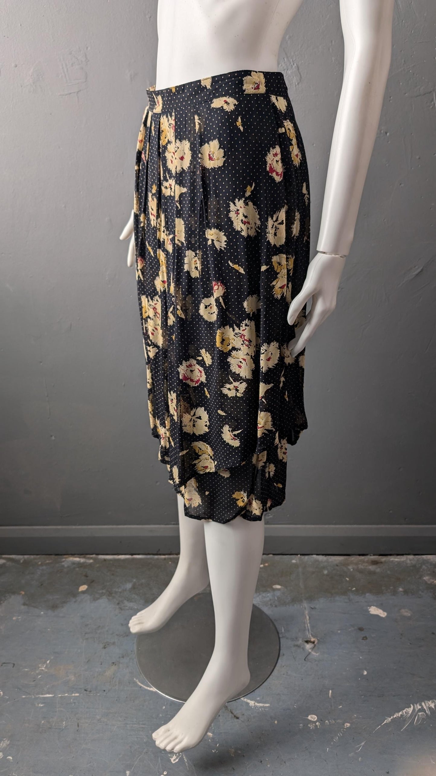 80s Tiered Pleated Skirt by Time Collection, Mini Polka Dot Floral, Size Small