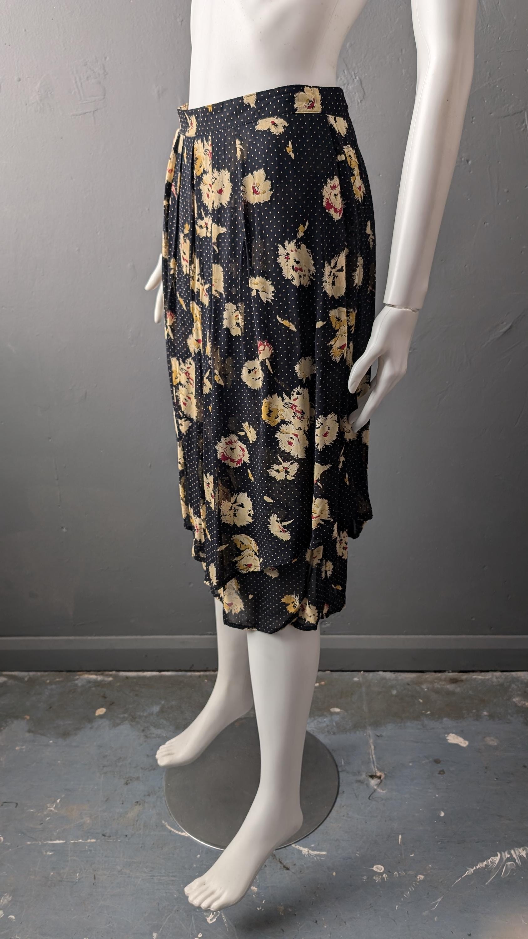 80s Tiered Pleated Skirt by Time Collection, Mini Polka Dot Floral, Size Small