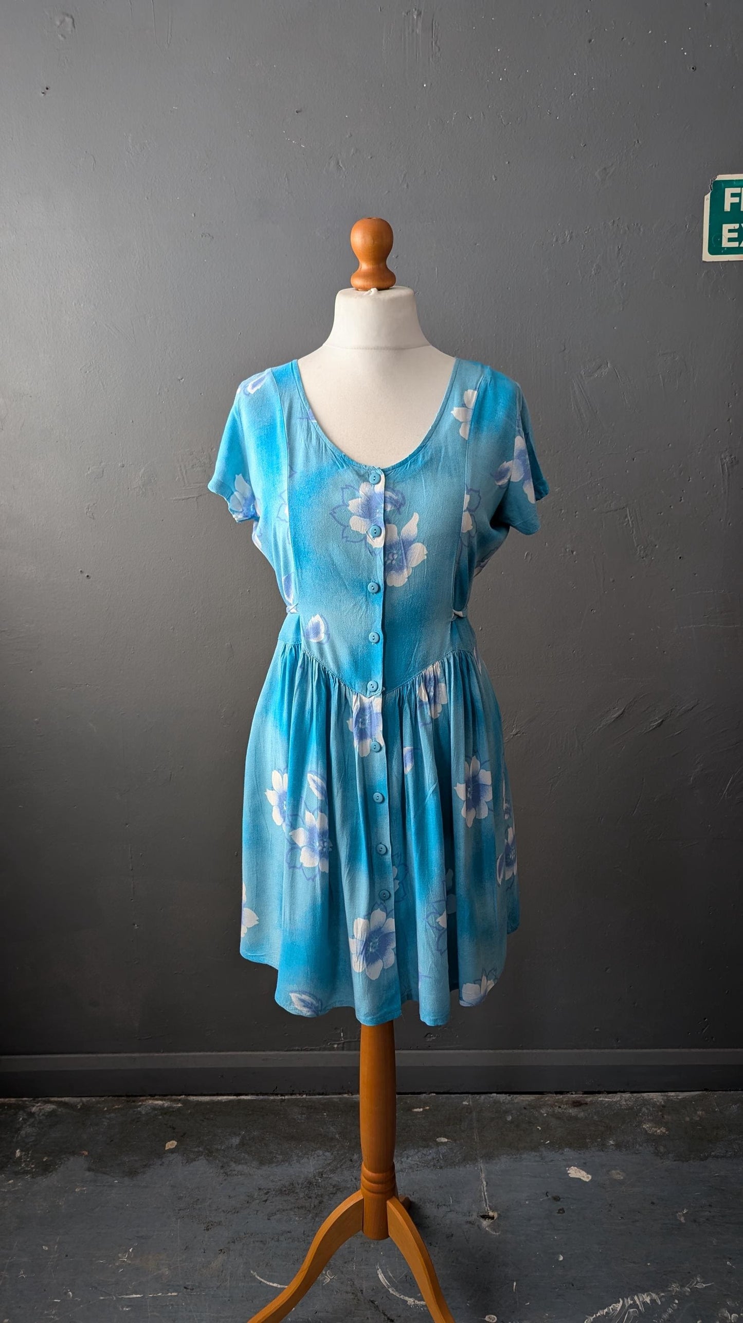 90s Sky Blue Sundress with White Flower Print, Vintage Summer Viscose Dress, Size Medium