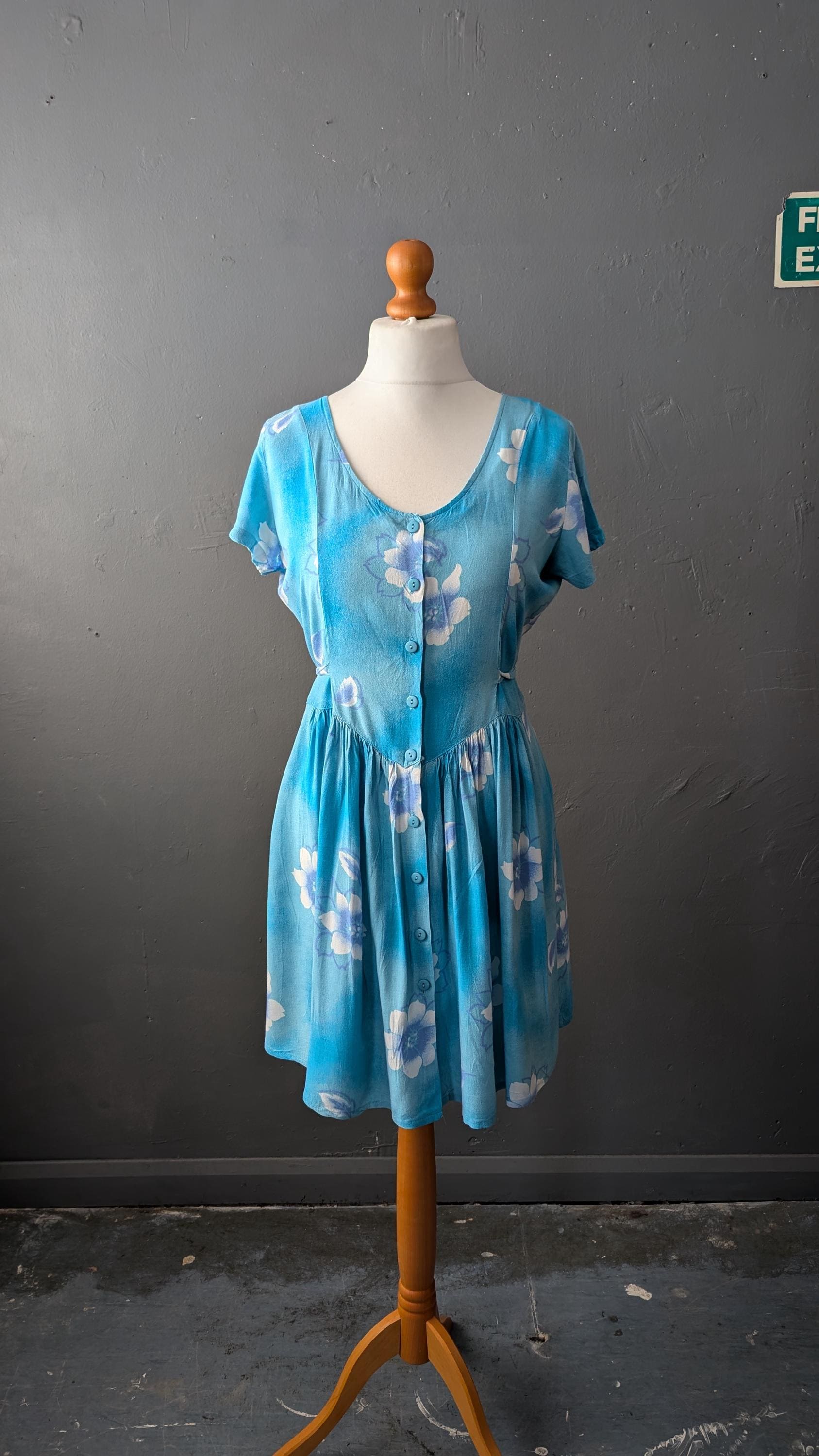90s Sky Blue Sundress with White Flower Print, Vintage Summer Viscose Dress, Size Medium