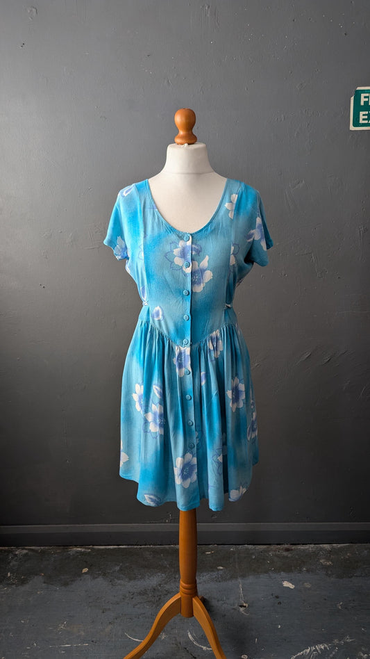 90s Sky Blue Sundress with White Flower Print, Vintage Summer Viscose Dress, Size Medium