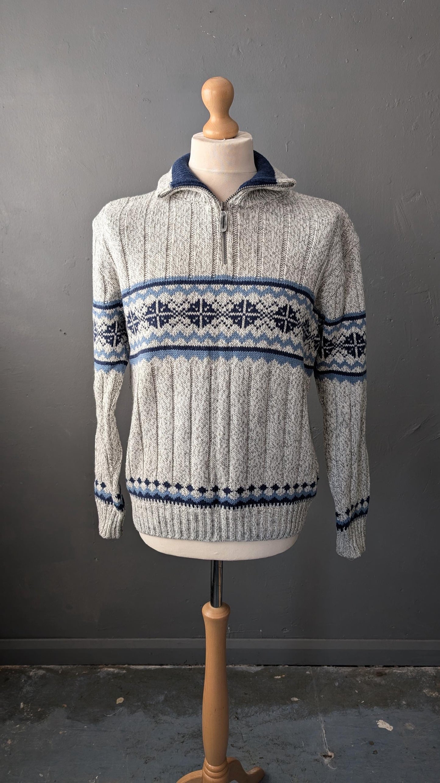 Mens 90s Ski Jumper with Zip Neck High Collar by Canda C&A, Size Medium