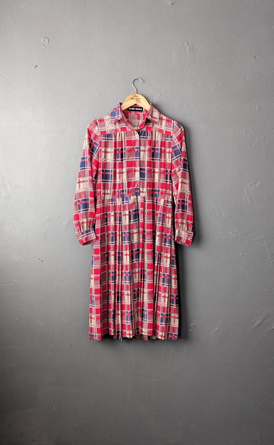 80s Tartan Day Dress, Summer Pleated Shirtdress, Size Small Medium