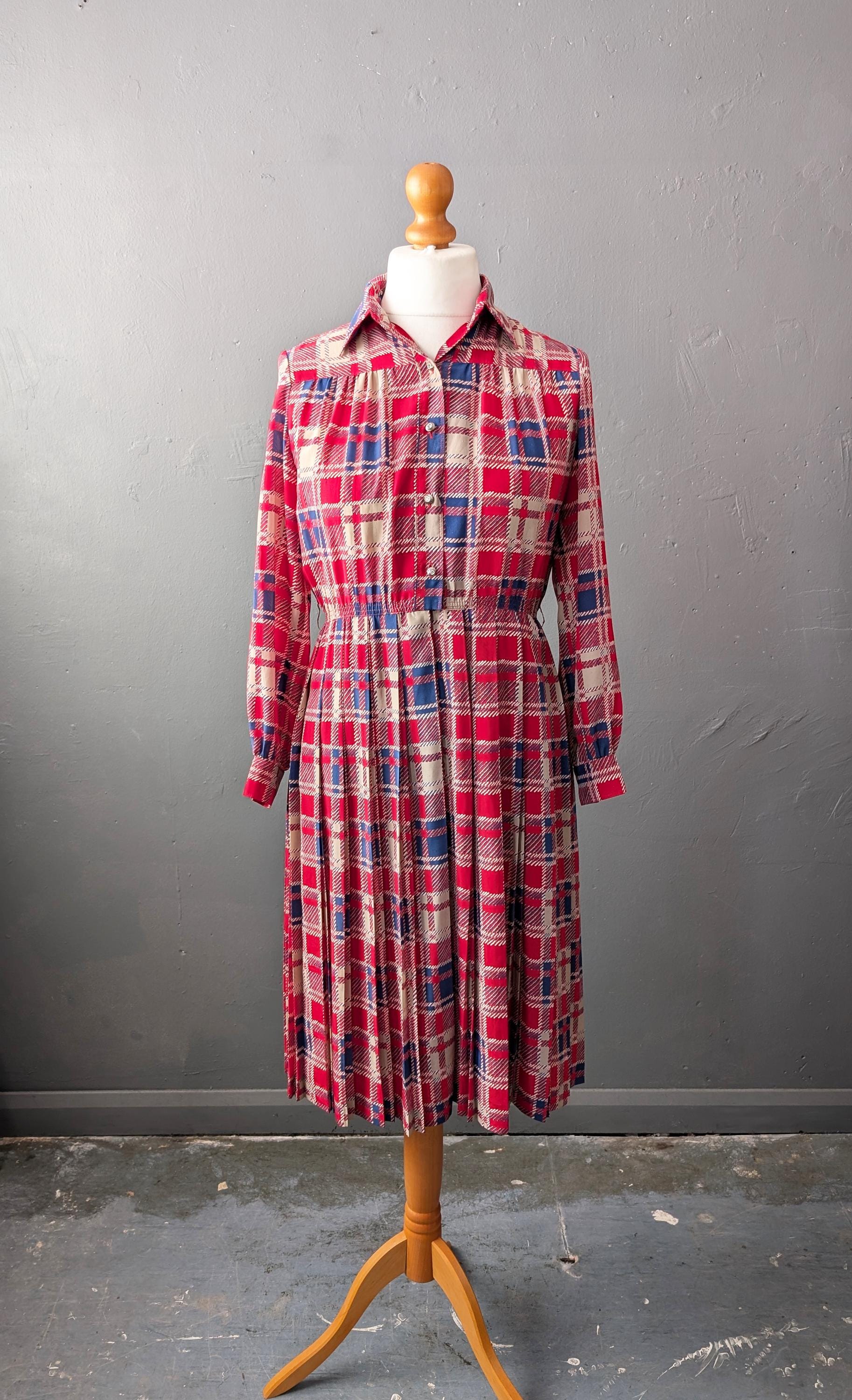 80s Tartan Day Dress, Summer Pleated Shirtdress, Size Small Medium