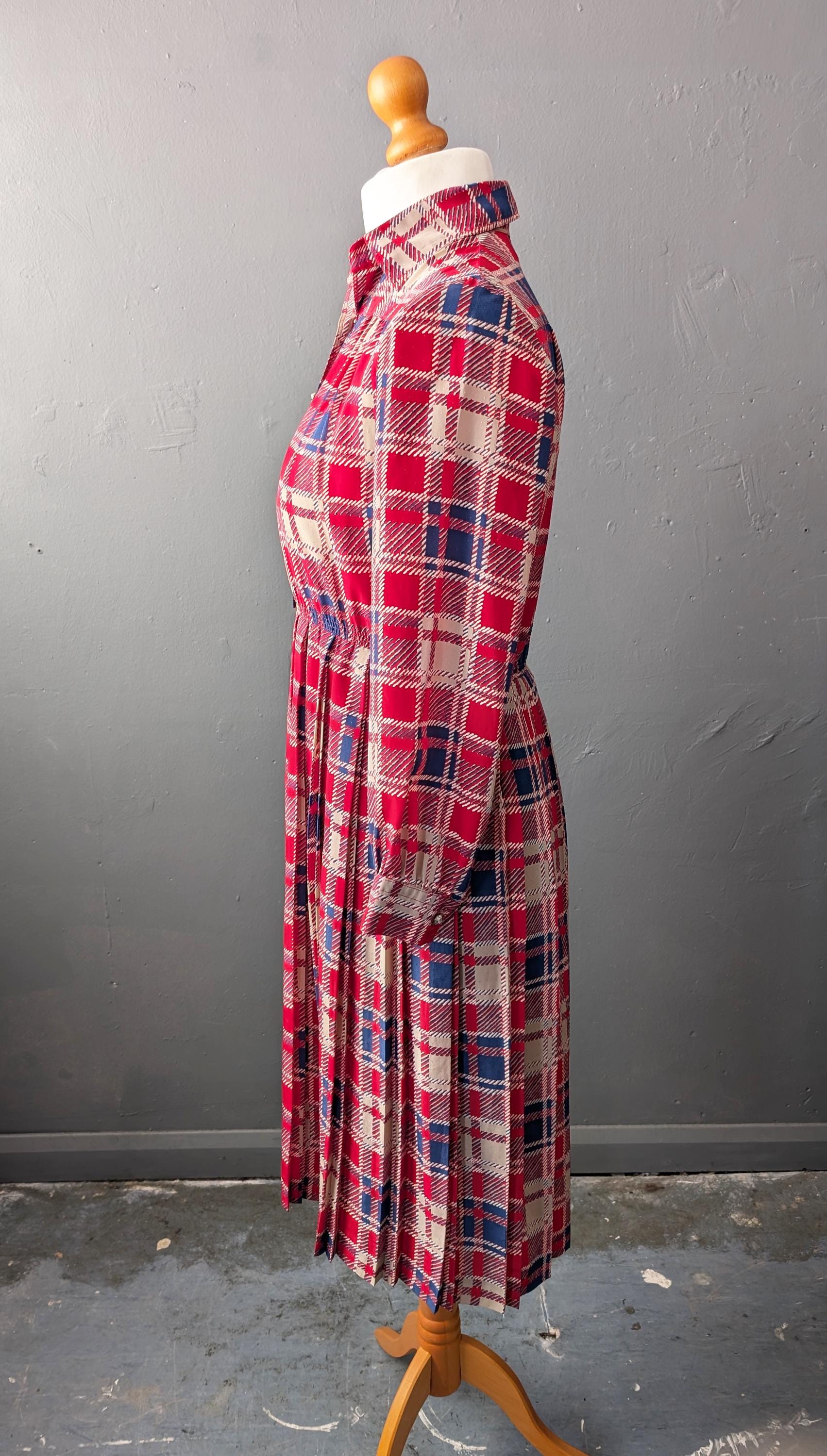 80s Tartan Day Dress, Summer Pleated Shirtdress, Size Small Medium