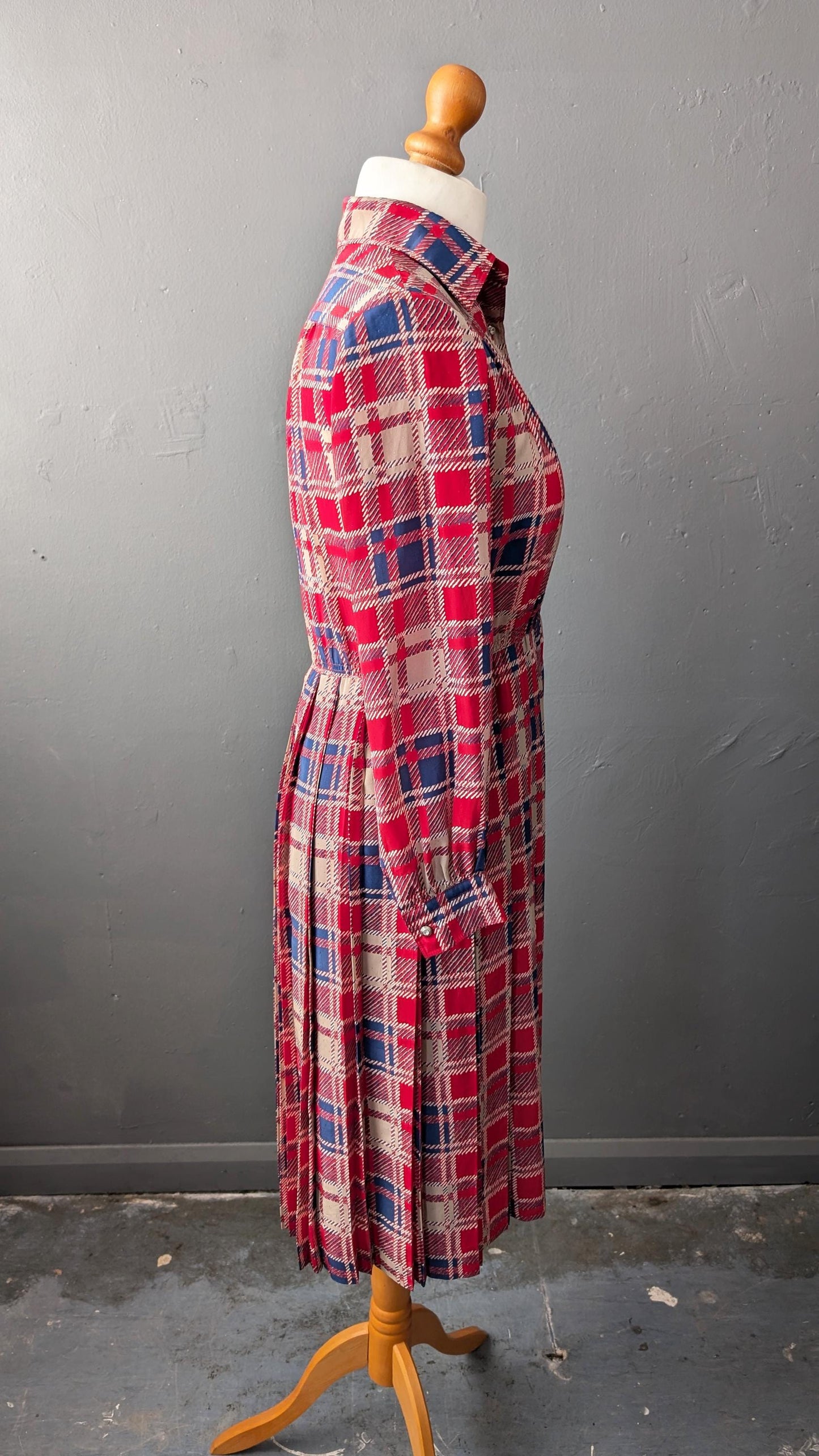 80s Tartan Day Dress, Summer Pleated Shirtdress, Size Small Medium