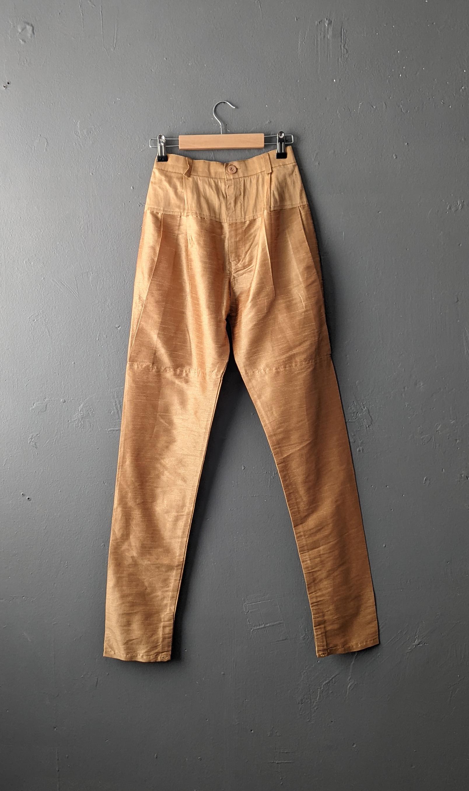 90s Golden Faux Silk Dupioni Trousers, Slim Fit Asian Pleated Churidar, Size Small