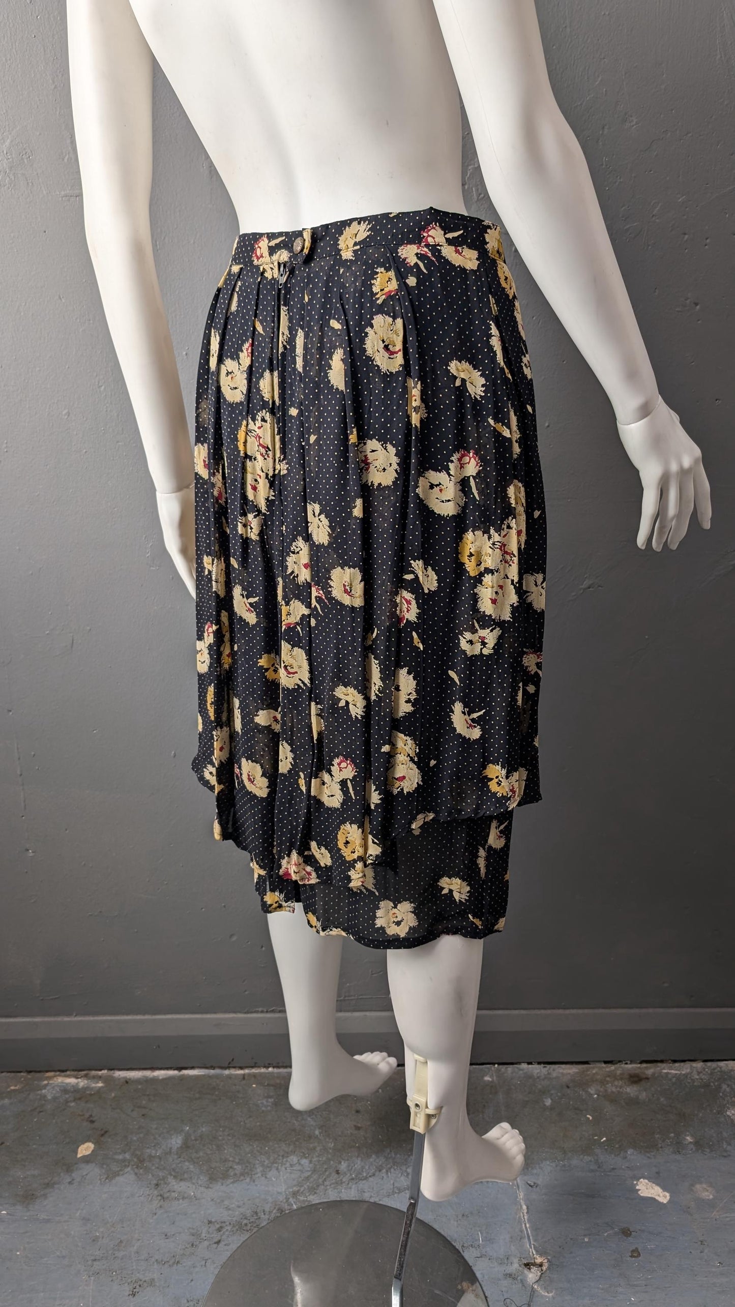 80s Tiered Pleated Skirt by Time Collection, Mini Polka Dot Floral, Size Small