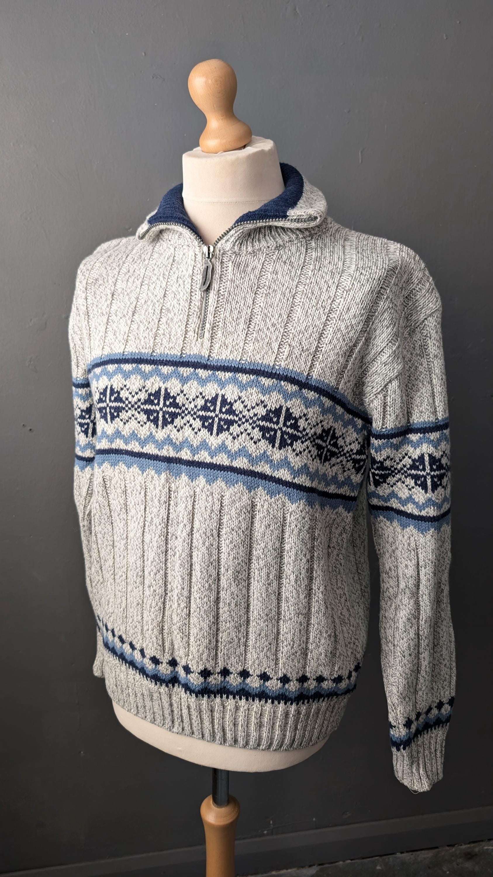 Mens 90s Ski Jumper with Zip Neck High Collar by Canda C&A, Size Medium