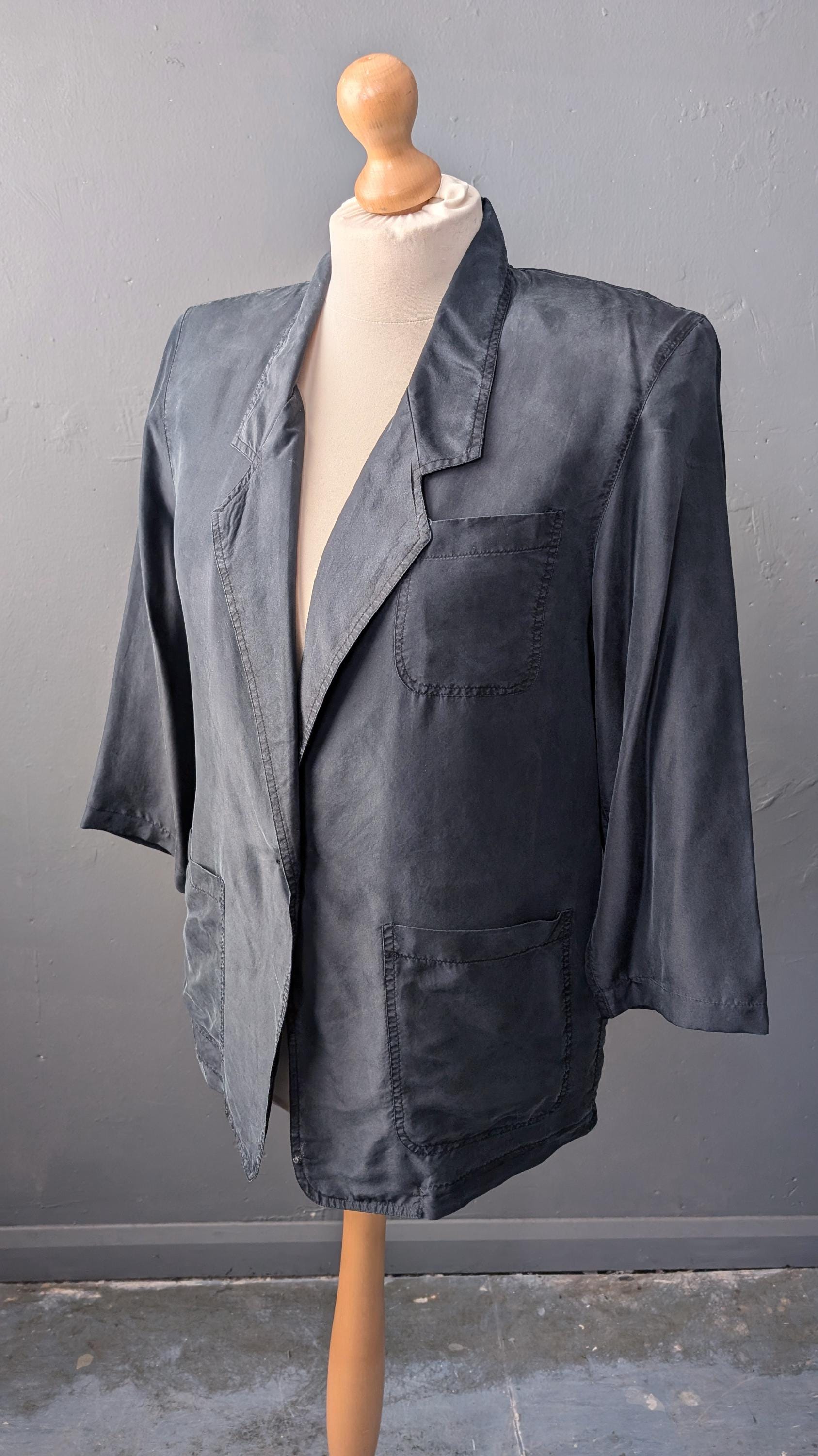 Minimalist Silk Jacket, 80s Short Sleeve Summer Blazer, Size Large to XL