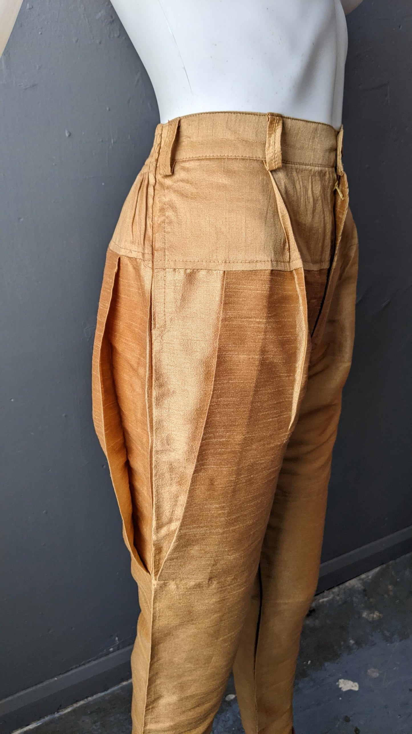 90s Golden Faux Silk Dupioni Trousers, Slim Fit Asian Pleated Churidar, Size Small
