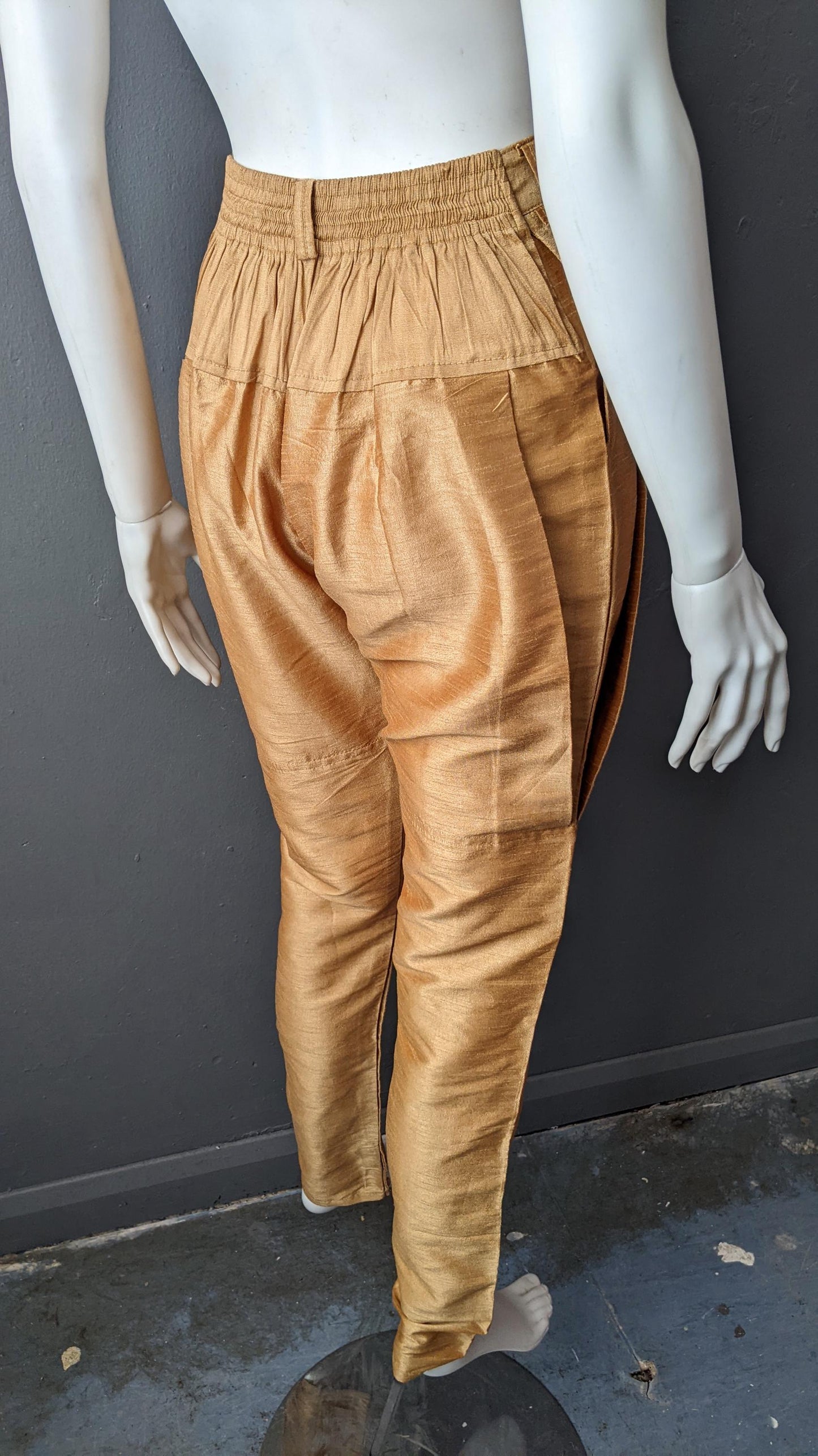 90s Golden Faux Silk Dupioni Trousers, Slim Fit Asian Pleated Churidar, Size Small