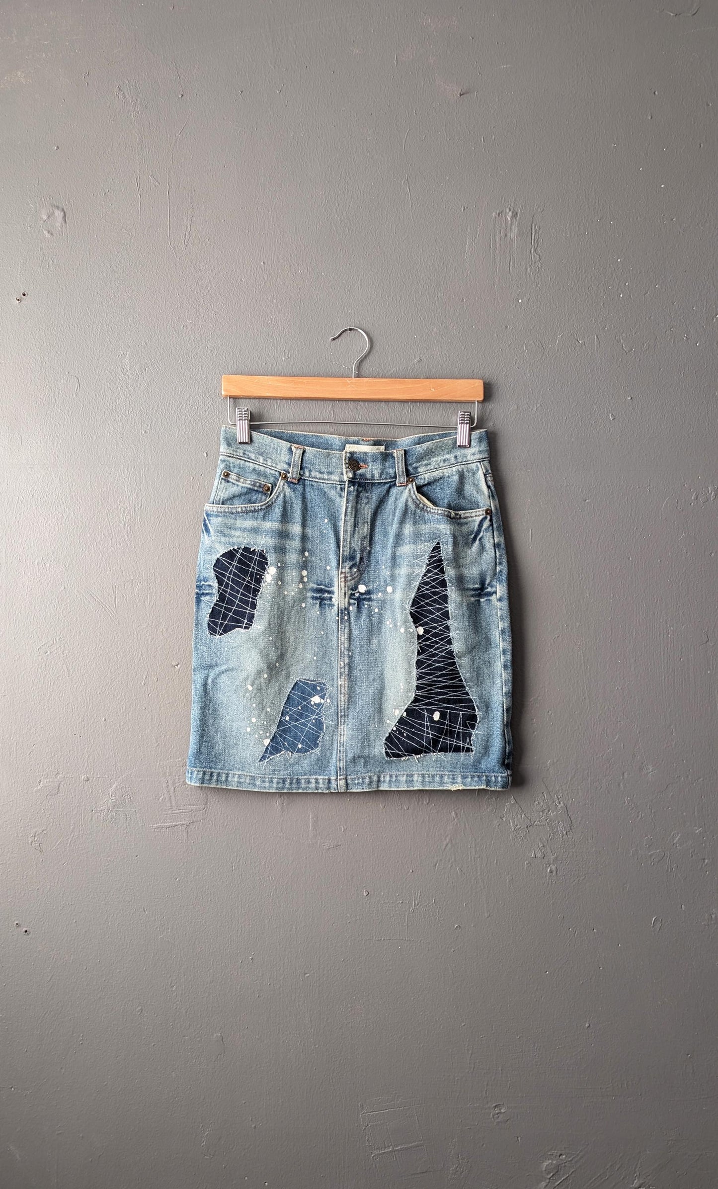 Y2k Acid Wash Denim Skirt with Sashiko Embroidery, Size Small