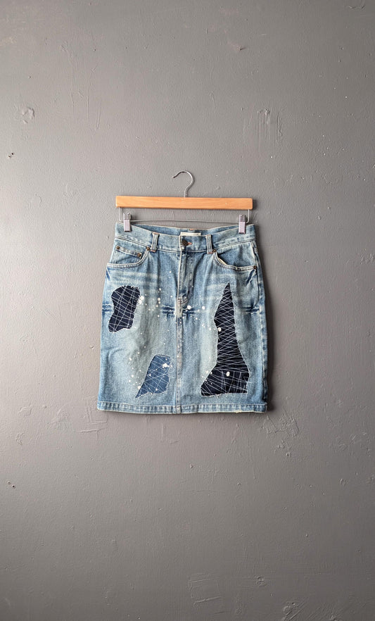 Y2k Acid Wash Denim Skirt with Sashiko Embroidery, Size Small