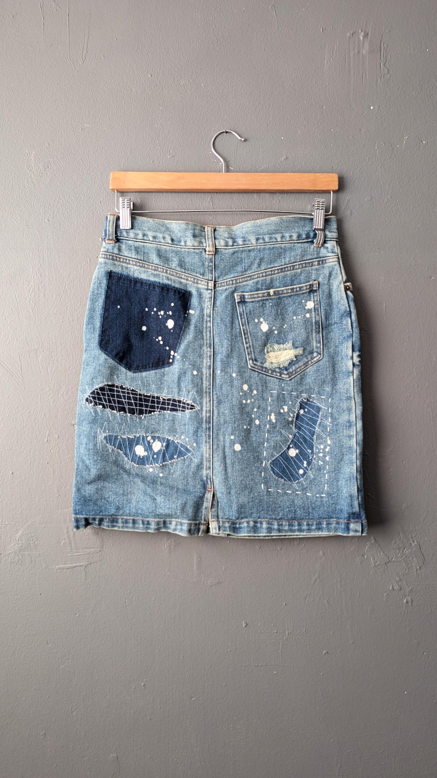 Y2k Acid Wash Denim Skirt with Sashiko Embroidery, Size Small
