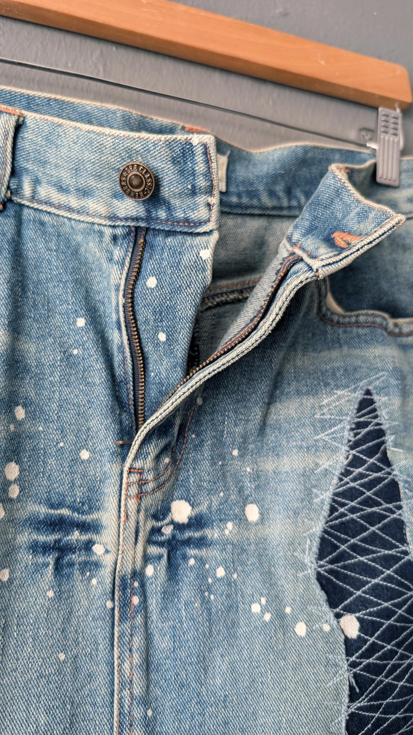 Y2k Acid Wash Denim Skirt with Sashiko Embroidery, Size Small