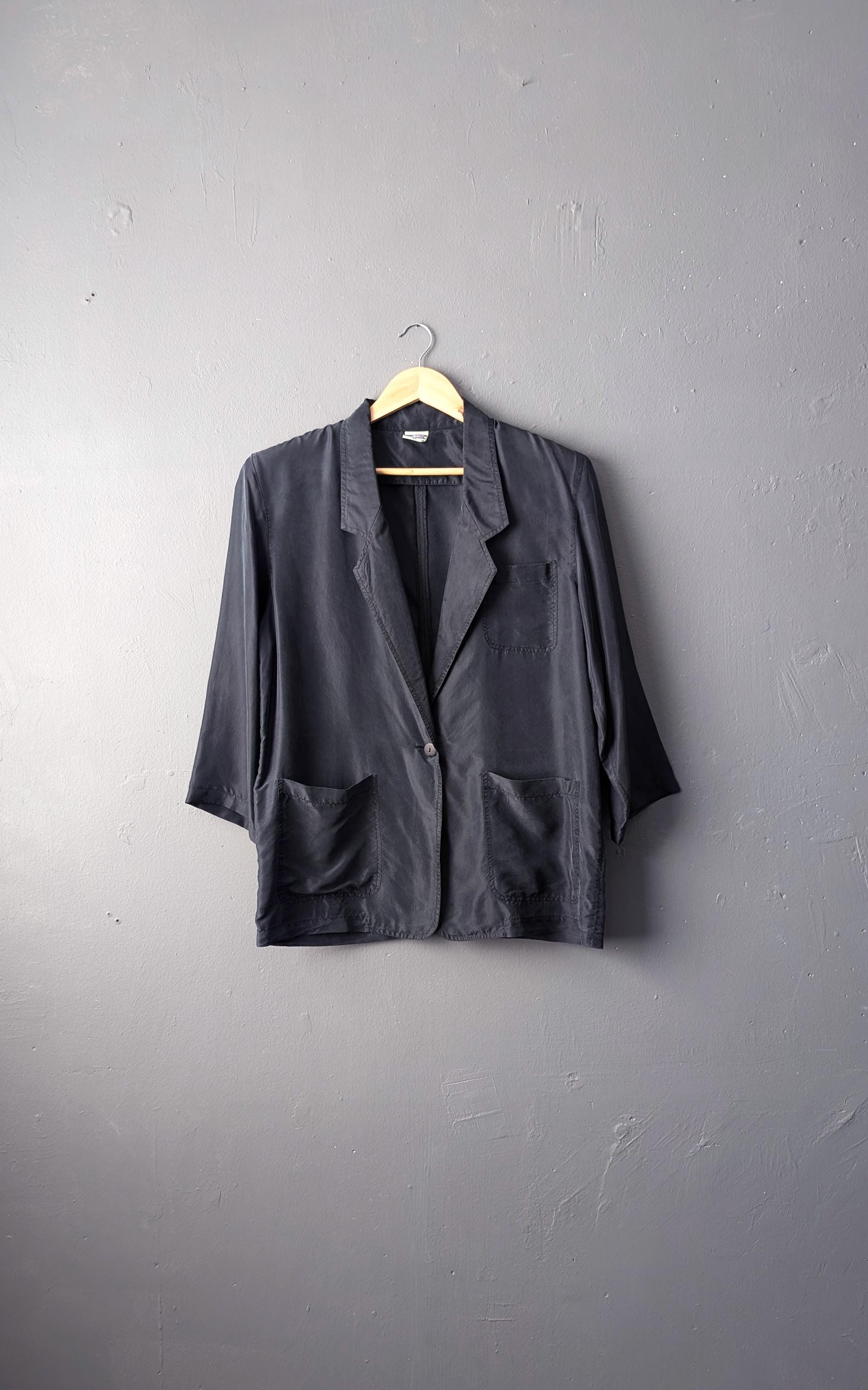 Minimalist Silk Jacket, 80s Short Sleeve Summer Blazer, Size Large to XL