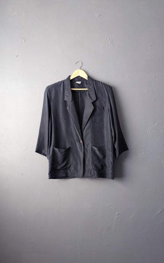 Minimalist Silk Jacket, 80s Short Sleeve Summer Blazer, Size Large to XL
