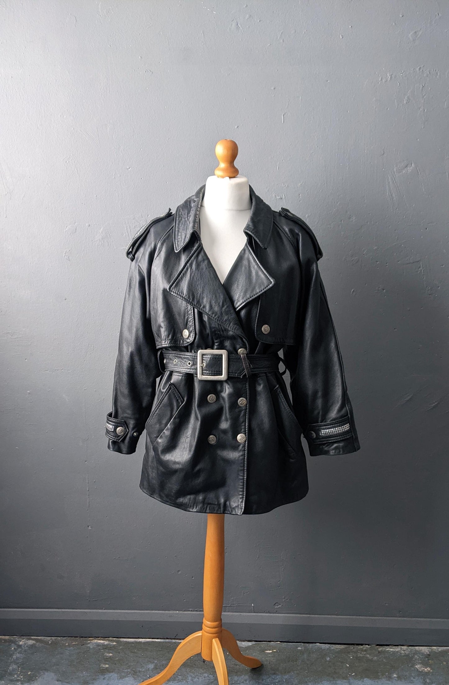 80s Leather Trench Coat, Renegade by Vaughan Richards Jacket, Size Medium Large
