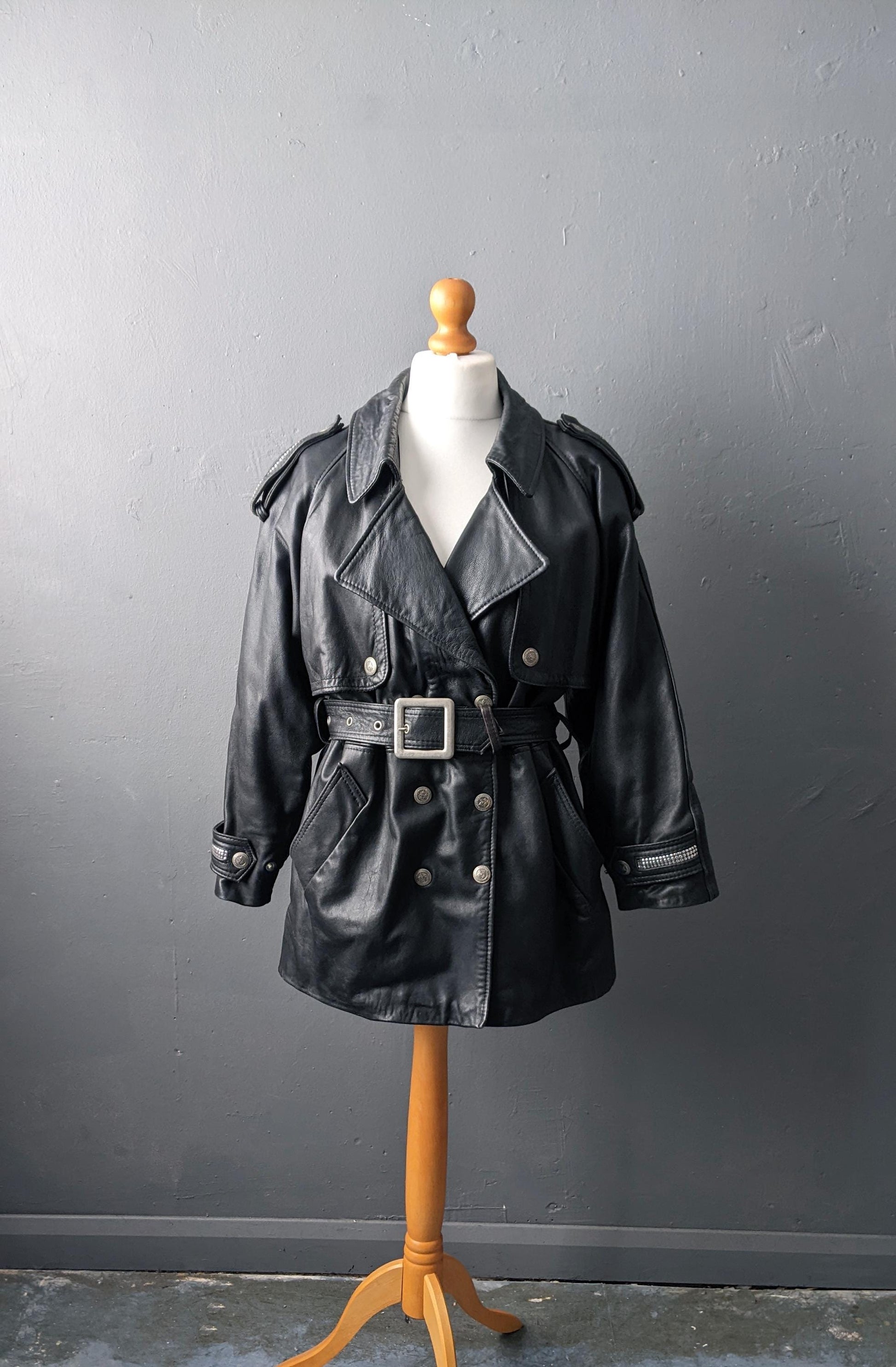 80s Leather Trench Coat, Renegade by Vaughan Richards Jacket, Size Medium Large