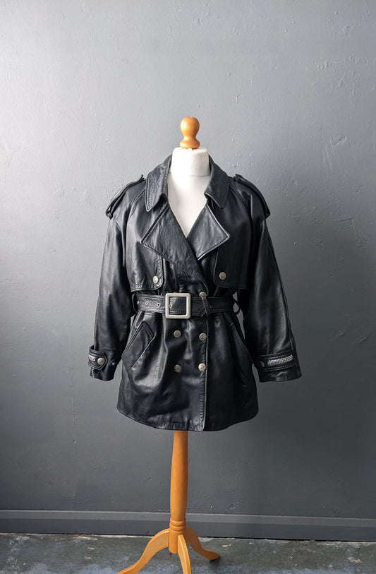 80s Leather Trench Coat, Renegade by Vaughan Richards Jacket, Size Medium Large