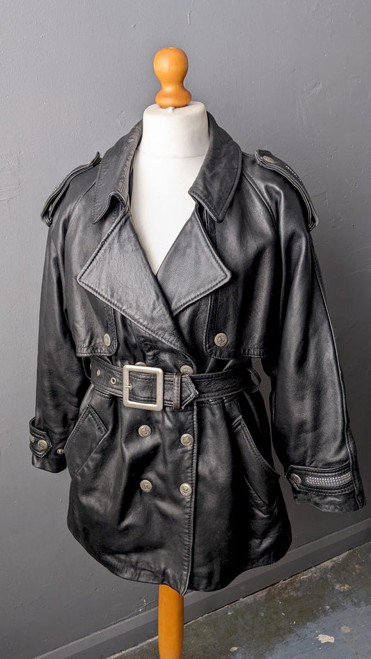 80s Leather Trench Coat, Renegade by Vaughan Richards Jacket, Size Medium Large