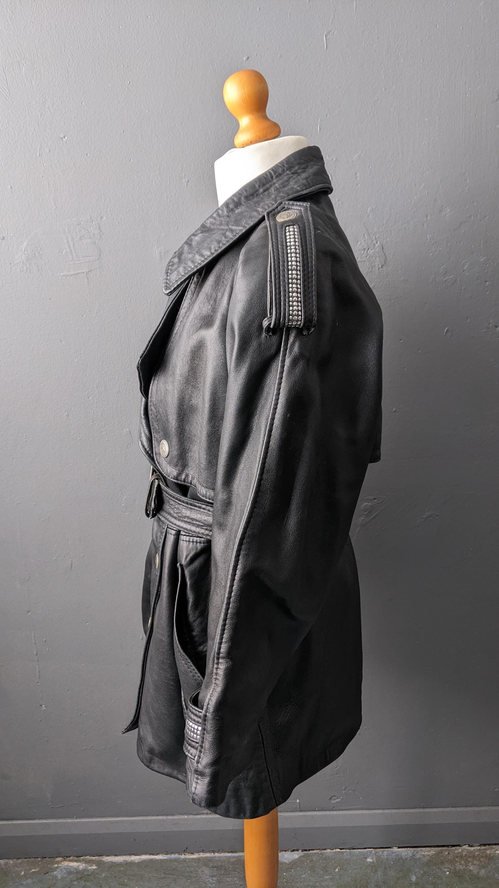 80s Leather Trench Coat, Renegade by Vaughan Richards Jacket, Size Medium Large