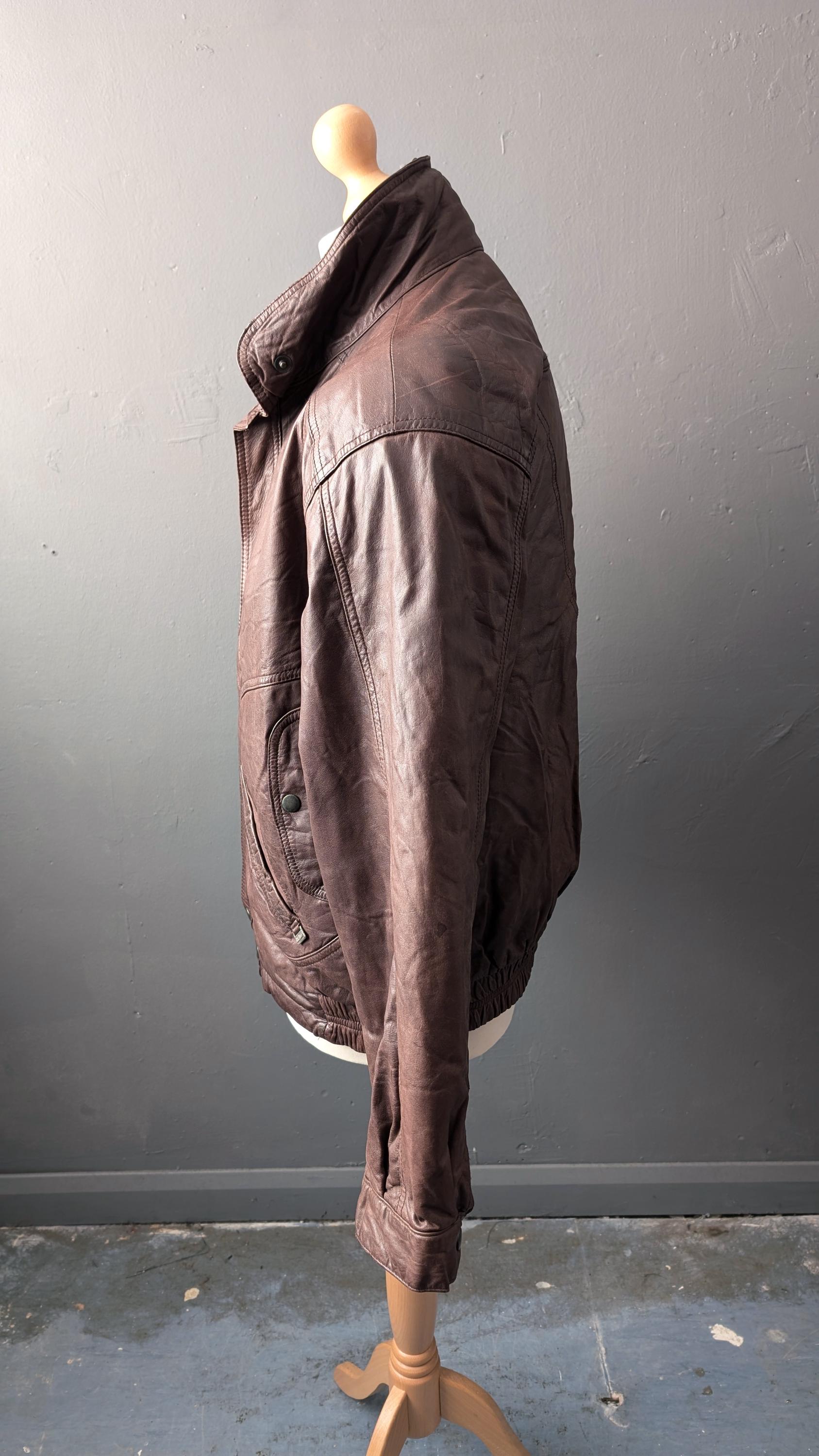 Mens Leather Aviator Jacket, 80s Oversized Slouchy Fit, Size Large 44 Chest