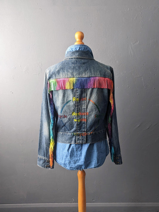 Reduce Reuse Recycle Denim Jacket with Rainbow Fringe, Upcycled Eco Clothing, Size Small Medium