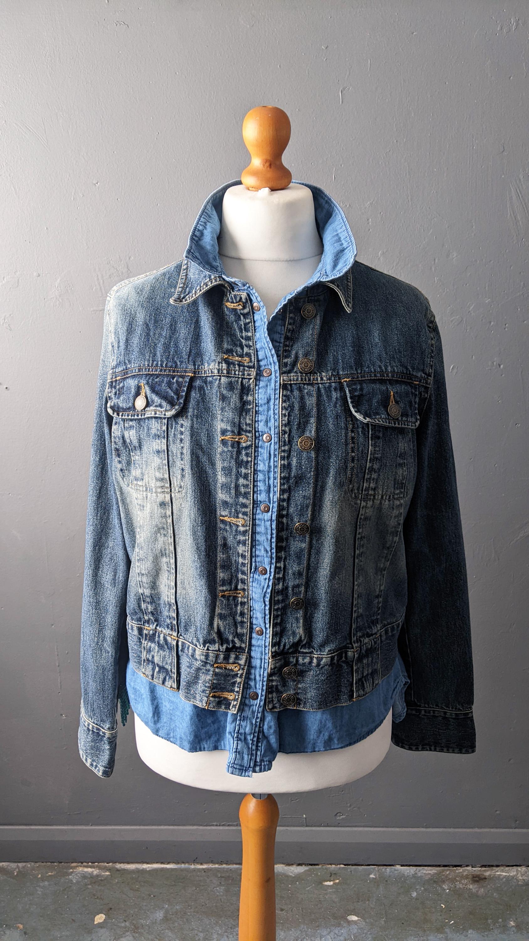 Reduce Reuse Recycle Denim Jacket with Rainbow Fringe, Upcycled Eco Clothing, Size Small Medium