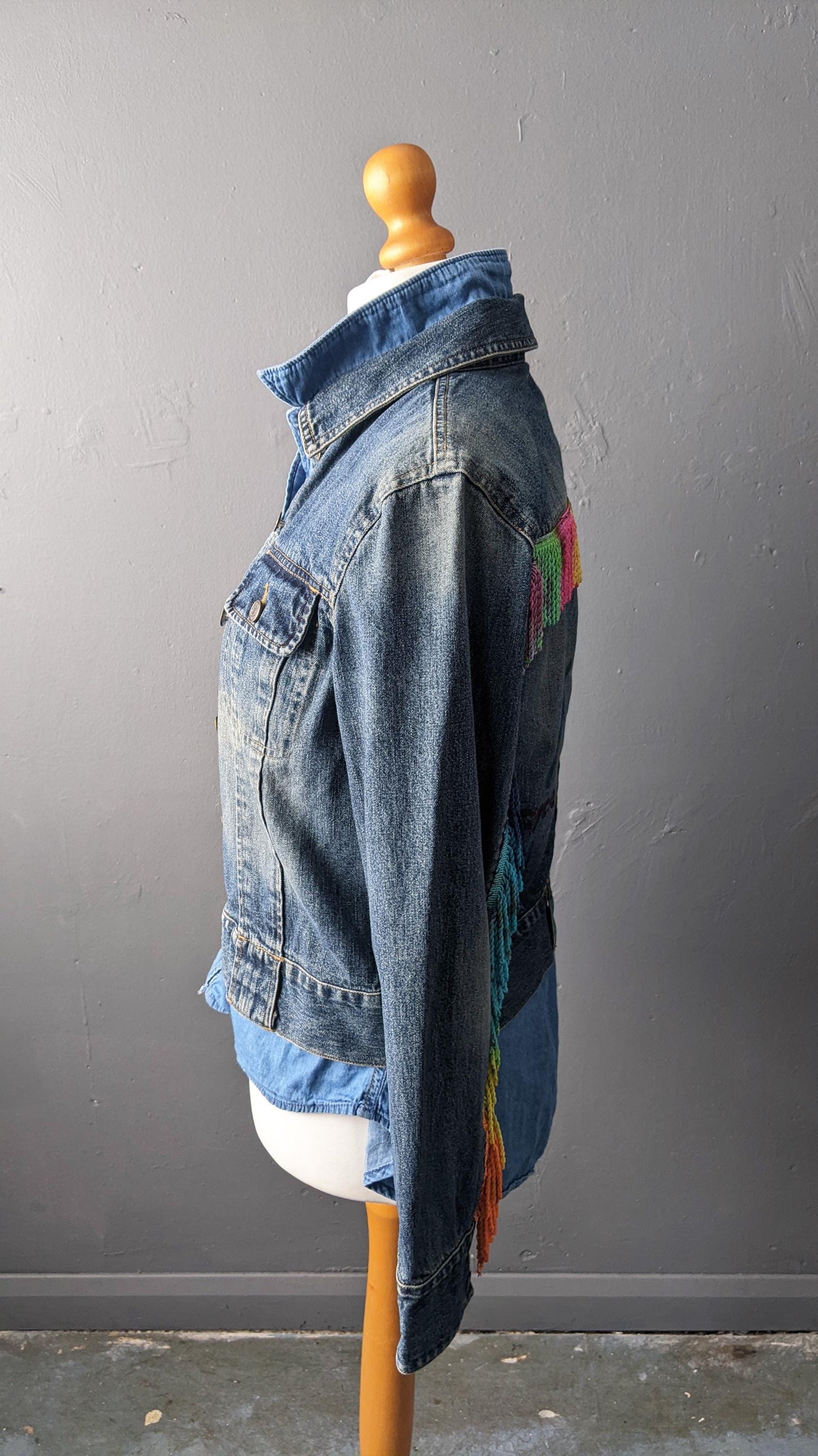 Reduce Reuse Recycle Denim Jacket with Rainbow Fringe, Upcycled Eco Clothing, Size Small Medium
