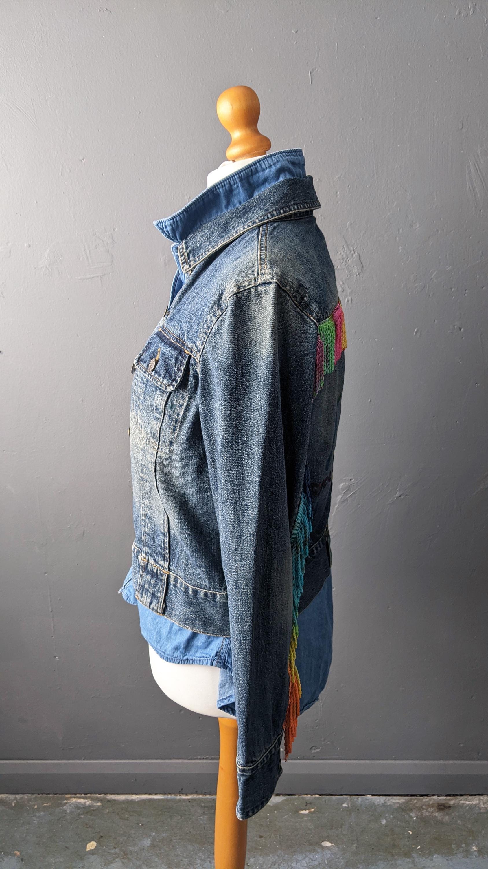 Reduce Reuse Recycle Denim Jacket with Rainbow Fringe, Upcycled Eco Clothing, Size Small Medium