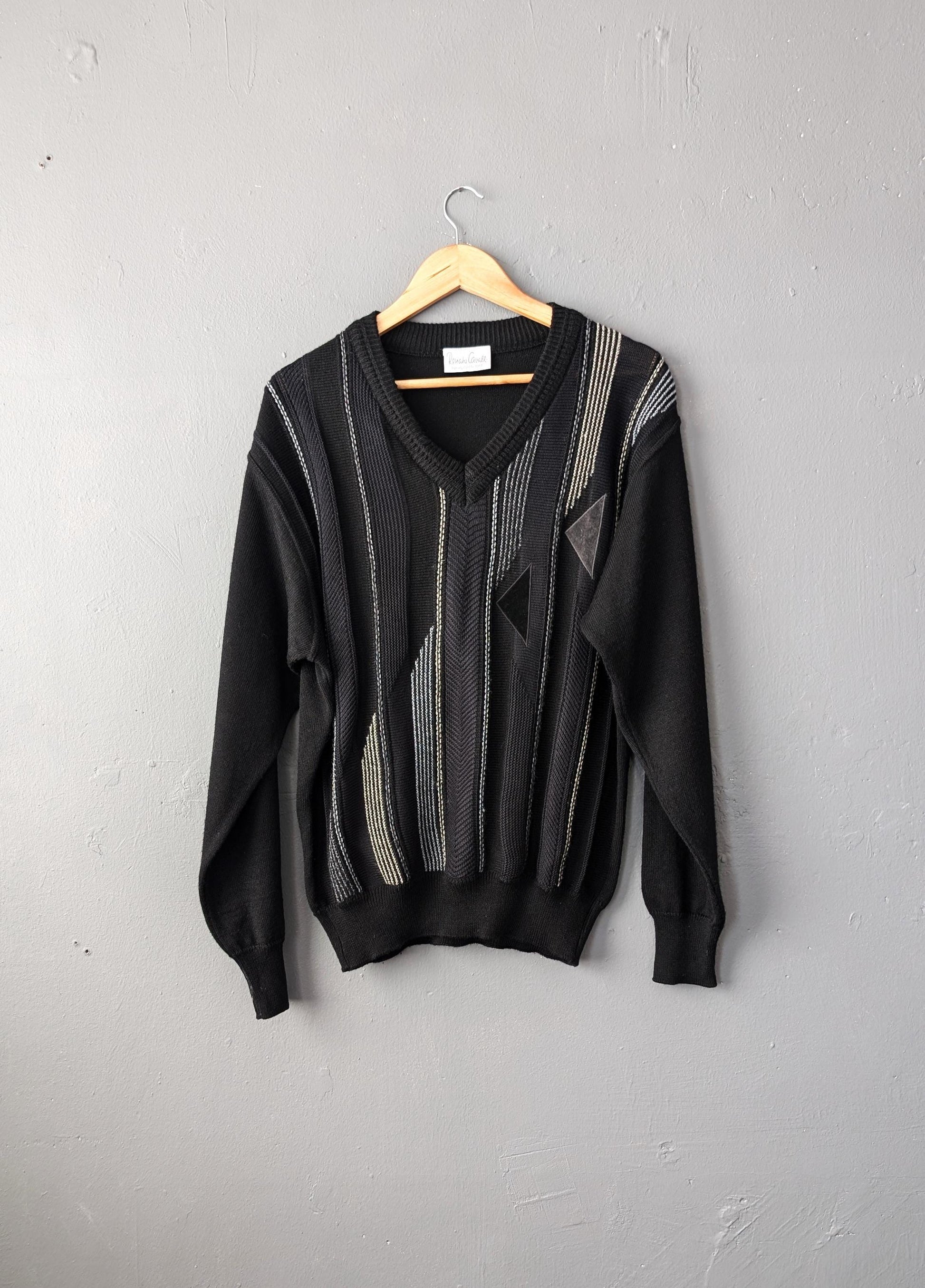 80s Monochrome Stripes Jumper by Renato Cavalli, Mens Eighties Pullover, Size Medium