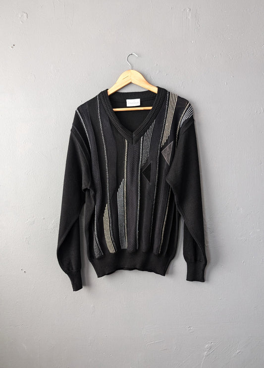 80s Monochrome Stripes Jumper by Renato Cavalli, Mens Eighties Pullover, Size Medium