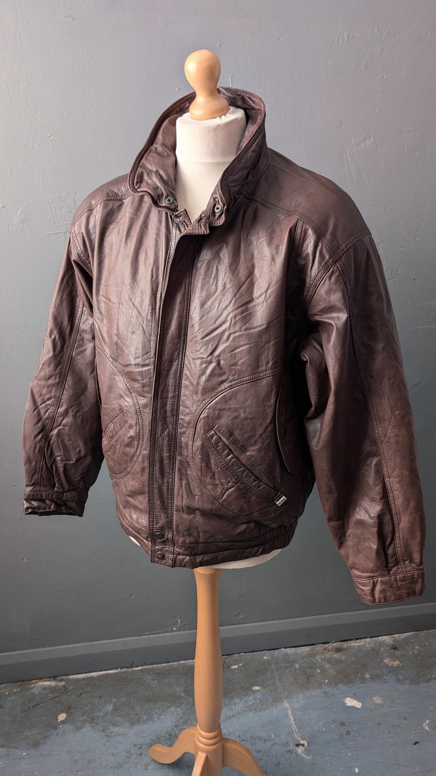 Mens Leather Aviator Jacket, 80s Oversized Slouchy Fit, Size Large 44 Chest