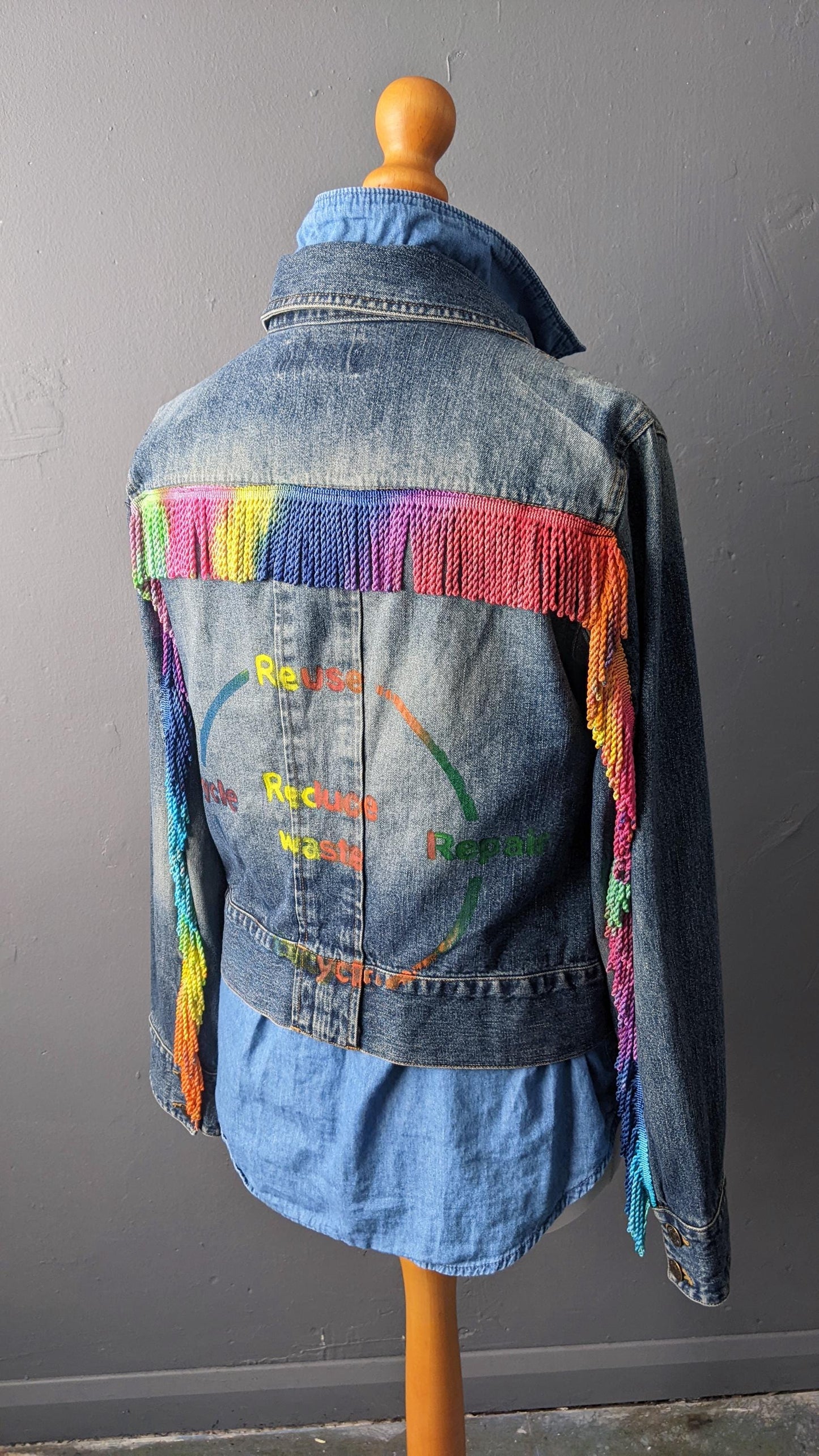 Reduce Reuse Recycle Denim Jacket with Rainbow Fringe, Upcycled Eco Clothing, Size Small Medium