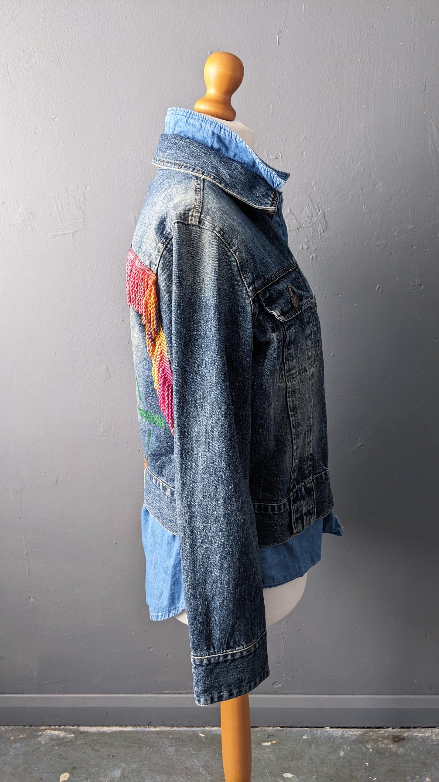 Reduce Reuse Recycle Denim Jacket with Rainbow Fringe, Upcycled Eco Clothing, Size Small Medium