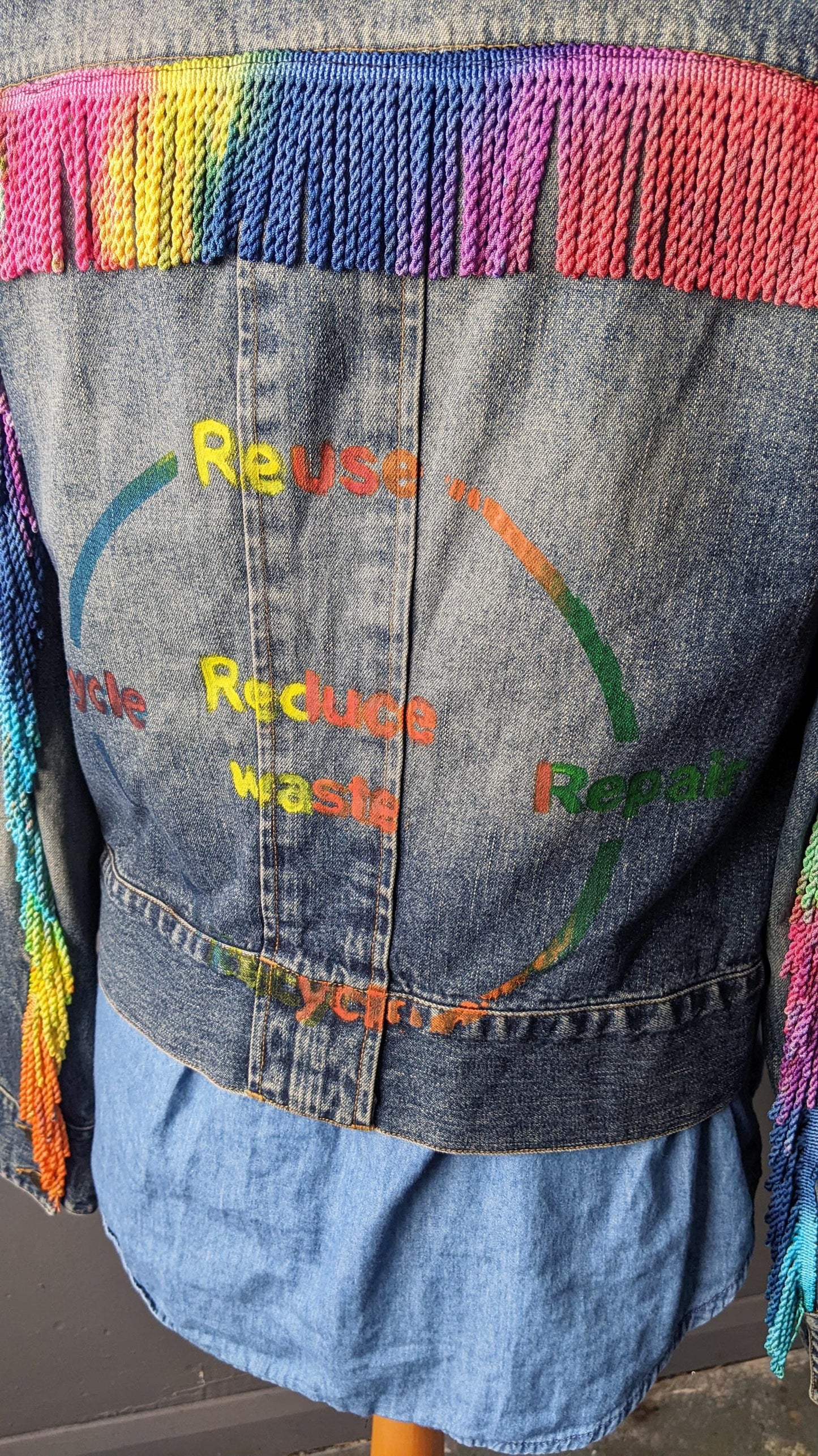Reduce Reuse Recycle Denim Jacket with Rainbow Fringe, Upcycled Eco Clothing, Size Small Medium