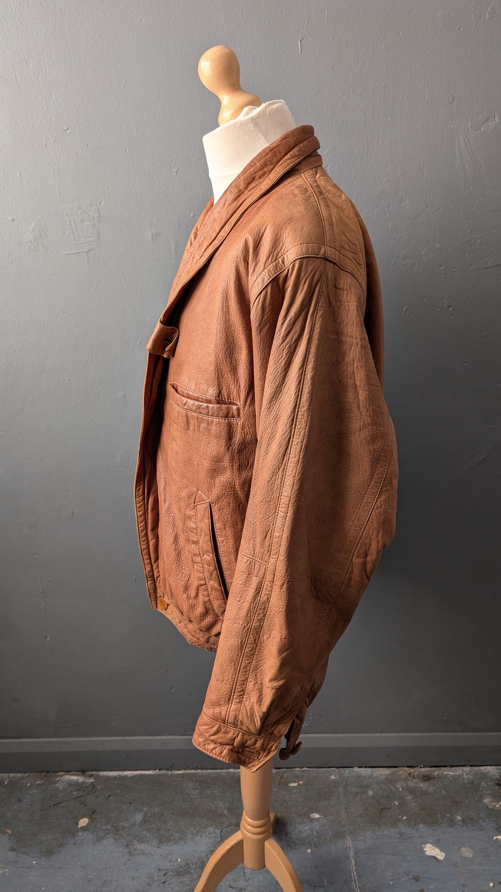 Vintage Leather Bomber Jacket, 80s Pielini Slouchy Coat, Size Medium Large