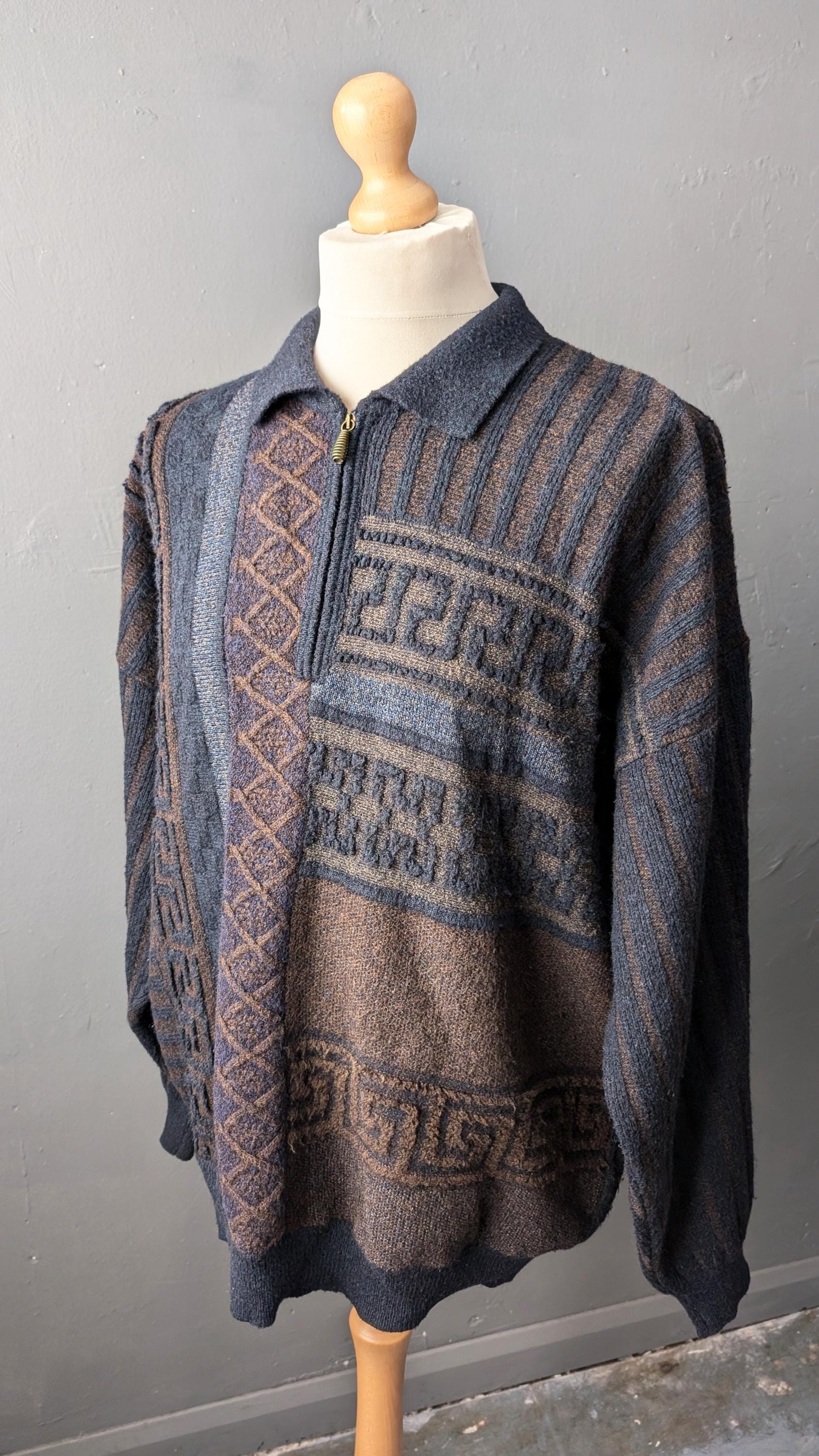 Mens 90s Wool Blend Jumper by Bueckle, Vertical Striped Zip Neck, Size Medium Large