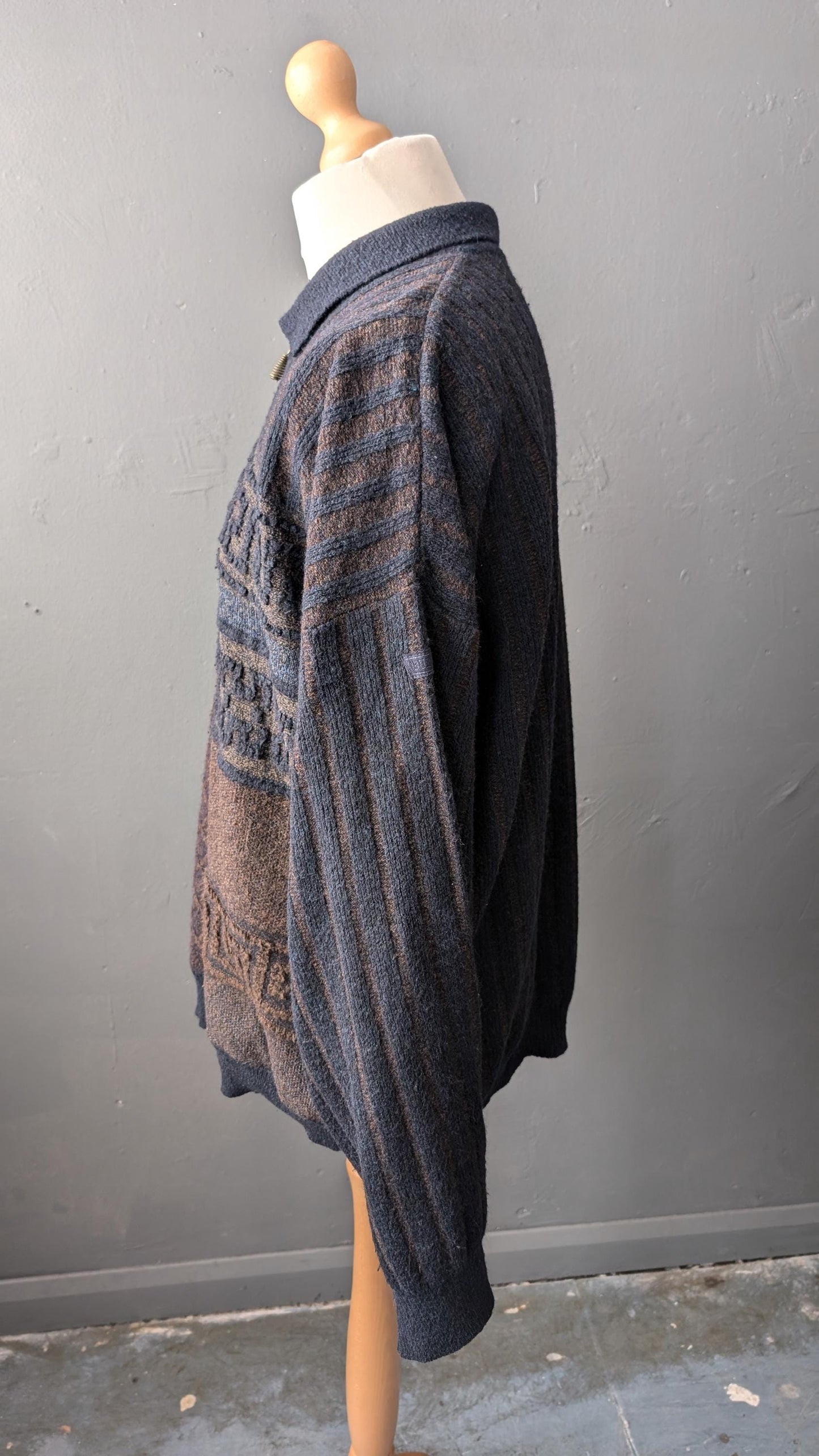 Mens 90s Wool Blend Jumper by Bueckle, Vertical Striped Zip Neck, Size Medium Large