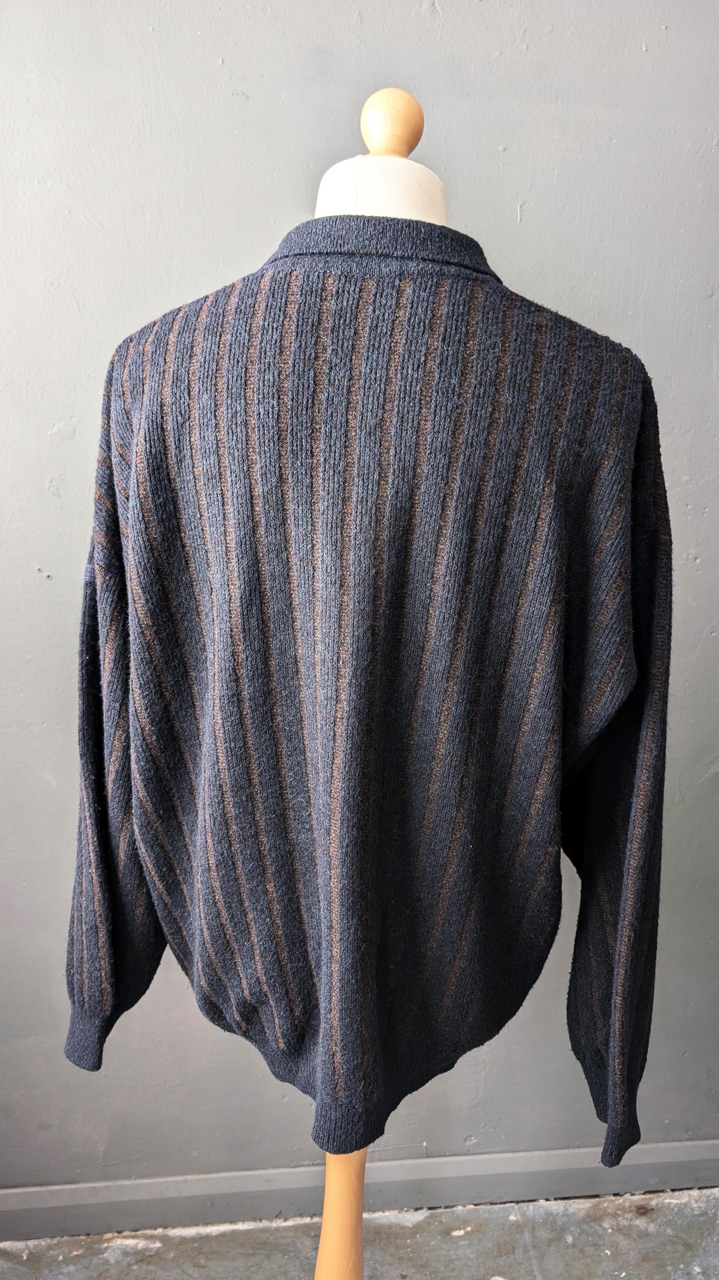 Mens 90s Wool Blend Jumper by Bueckle, Vertical Striped Zip Neck, Size Medium Large