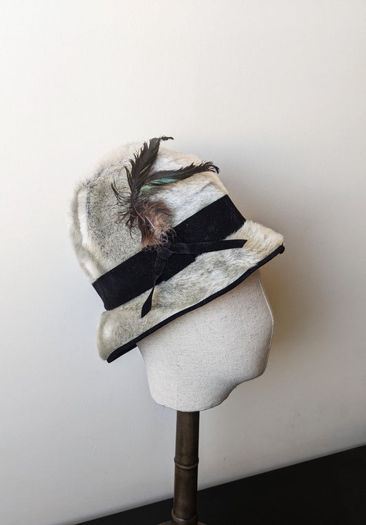 Vintage Silver Faux Fur Bucket Hat, Size Small