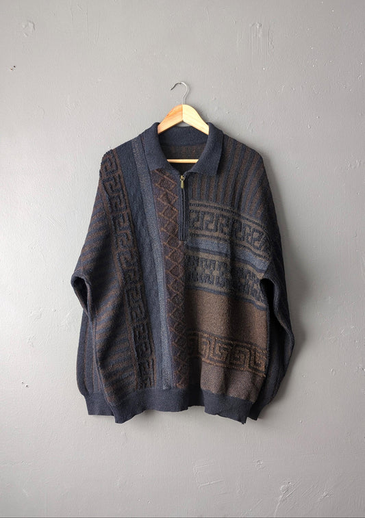 Mens 90s Wool Blend Jumper by Bueckle, Vertical Striped Zip Neck, Size Medium Large